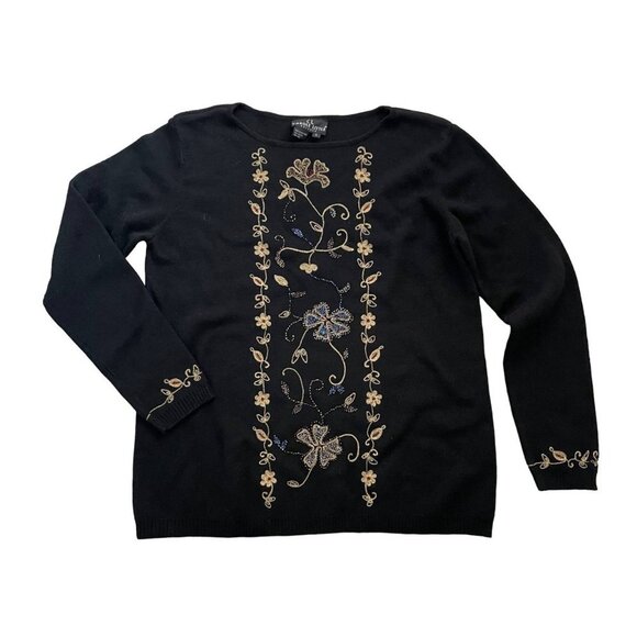 Carole Little Wool Beaded Embroidered Knit Sweater Women Size Large Black Floral - Picture 1 of 10